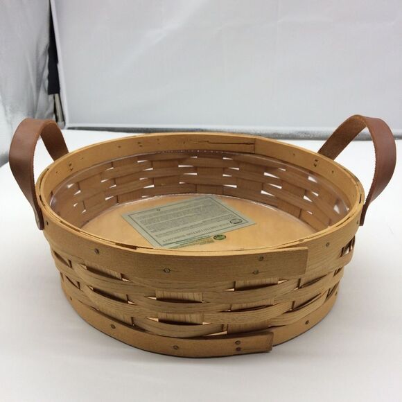 Peterboro Woven Wooden Round Basket w/Leather Handles Plastic Insert for Serving - Picture 8 of 12